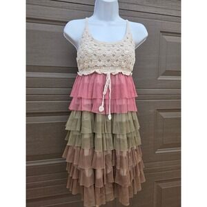 J Gee Boho Crochet Tiered‎ Ruffle Mini Dress Pink Green Brown Mesh Festival Sz M